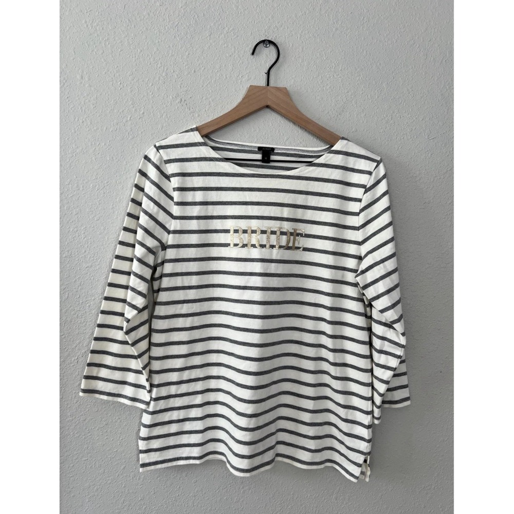 J.Crew Bride Sailor Gray Striped Boatneck 100% Cotton Graphic Tee Preppy Sz M